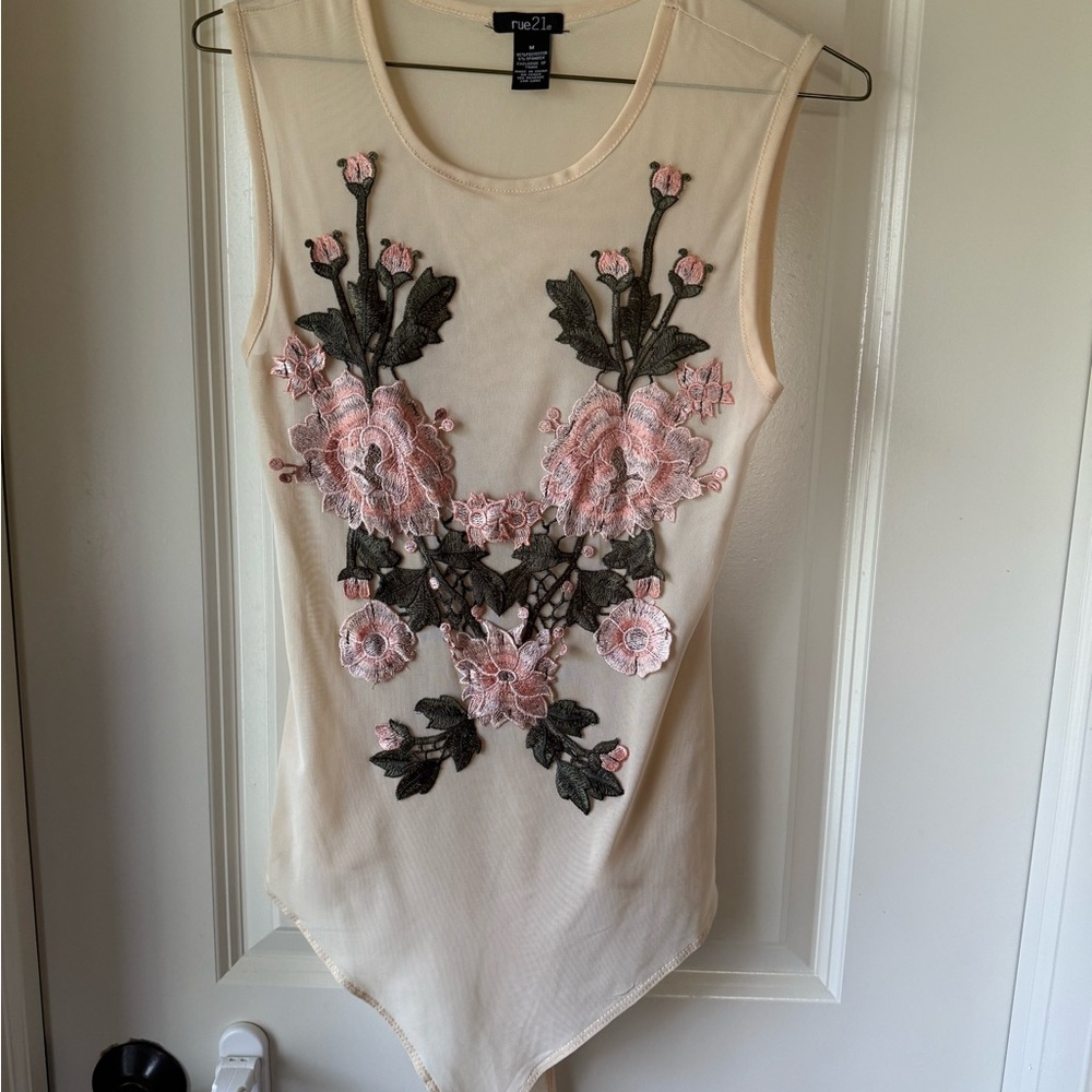 Rue21 Cream and Black Asymmetrical Embellished Bodysuit